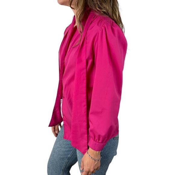Vintage 90s Women’s Steven Barry Button Down Blouse Hot Pink Neck Tie Size Small - Picture 3 of 5